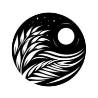 Yin Yanginspired black and white circular illustration, featuring stylized tree foliage, a moon, stars, and abstract flowing lines. vector