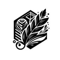 Intricate Black White Geometric Featuring Stylized Leaves within a Hexagon, Artistic Minimalist Illustration vector