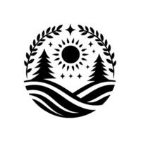 Monochromatic circular emblem featuring pine trees, a sun, stars, and laurel branches over a stylized landscape. vector