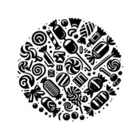 A monochromatic, circular arrangement of various candies and sweets, including lollipops, wrapped candies, and swirls, forming a visually appealing . vector