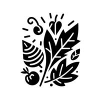 Abstract Monochrome Botanical Composition Featuring Leaves, Fruits, Berries, and Decorative Elements in Minimalist Style. vector