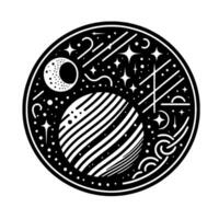 Stylized Black and White Celestial Illustration Cosmic Planets, Crescent Moon, Stars, and Comet Trails in a Circular . vector