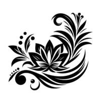 An intricate black and white illustration featuring a stylized lotus flower surrounded by swirling leaves, decorative patterns, and dots. vector