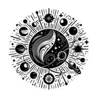 Intricate celestial Black and white illustration of a cosmic sphere, adorned with planets, sun, stars, and radiating lines, evoking a sense of wonder. vector