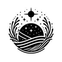 Abstract celestial emblem Earth, stars, waves, and cosmic elements in a circular black and white . vector