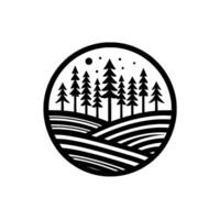 Minimalist monochrome circular depicting a silhouetted pine forest scene atop rolling hills under a starry sky and a single moon. vector
