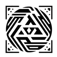 Abstract black and white geometric with layered shapes and a central triangle, enclosed within a square frame and a circle vector