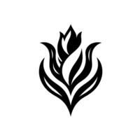 A bold black and white minimalist stylized floral emblem, resembling a flame or tulip against a pristine white backdrop. vector