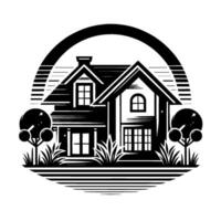 Stylized Black and White Illustration of a Classic House with Trees, Surrounded by a Striped Arch, Emblem. vector