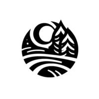 Minimalist Black and White Cut Paper Scene of Mountains, Trees, Moon, and Horizon in a Circle. vector