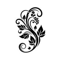 Elegant Black and White Floral Illustration Featuring Swirls, Leaves, and Grape Clusters Against a Clean Backdrop. vector