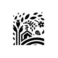 Black and White Illustration of a House with a Steeple, Surrounded by a Tree, Flower, and Leaves, on a Grassy Hill. vector