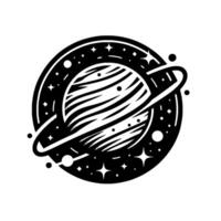 A stylized black and white illustration of a ringed planet in space surrounded by stars and celestial bodies, minimalist aesthetic. vector