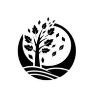 Black and White Tree with Falling Leaves Enclosed in a Circle with Minimalistic Rolling Hills Below, Representing Natures Cycle. vector