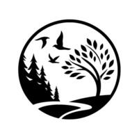Monochrome Circular Landscape with Trees, Birds, and a Winding Path, Symbolizing Natures Serenity vector