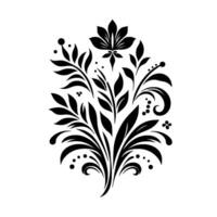 Elegant Black Floral A symmetrical, stylized composition featuring a central flower and swirling leaf patterns on a white background. vector