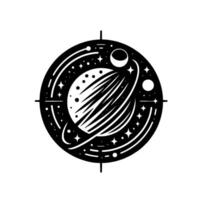 Black and White Celestial Emblem A stylized depiction of a planet with rings, moons, and stars encased within a circular frame, and a crosshair . vector