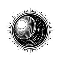 Celestial YinYang Black and white illustration of a sun and moon intertwined, with stars and radiating lines, within a circular frame. vector