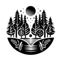 Stylized Black and White Forest Scene with a Striated Sun, Trees, River and Nature Elements in a Circular Composition. vector