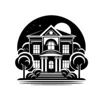 Elegant, Black and White Illustration of a Classic Mansion with Trees, Moonlight, and Starry Night Background. vector