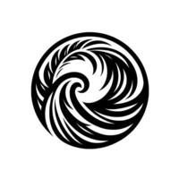 A bold black and white circular depicts a stylized swirling wave or feather motif, suggesting movement and intricate detail within a clean, minimalist style. vector