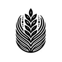 Stylized black and white of a symmetrical wheat or grain ear , contained within an oval shape, evoking themes of growth and agriculture. vector