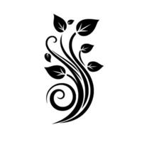 Elegant, monochrome illustration of stylized plant with leaves, swirling vine, and minimal shadow, on white background. vector