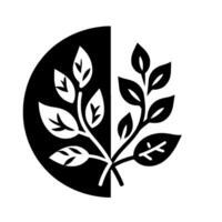 YinYang Branching Leaves A monochrome botanical illustration featuring leaves on a branching structure, bisected by a halfcircle, creating a harmonious contrast. vector