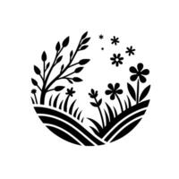 Black White Stylized Floral Scene Lush meadowscape of flowers, grass, and branches within a circular frame, evoking a sense of natural serenity. vector