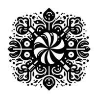 Intricate Monochrome Ornament Whimsical black and white radial with candylike central element and ornate flourishes. vector