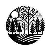 Black and White Circular Forest Illustration Trees, moon, and abstract landscape, . vector