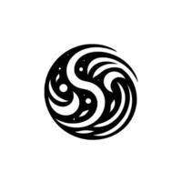Abstract Black and White Swirl Composition Featuring Crescent Shapes, Stars, and Dots within a Circular Frame vector