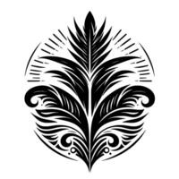 Ornate Black and White Floral Enclosed Within a Circular Frame, Featuring Stylized Leaves, Curls, and Radial Lines. vector