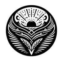 Black and White Circular Emblem Sunburst Above Stylized Wings and Wheat, Symbolizing Harmony and Nature. vector