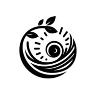 Abstract Circular Emblem Featuring Leaves, Swirls, Crescent, and Raylike Lines in Black and White. vector