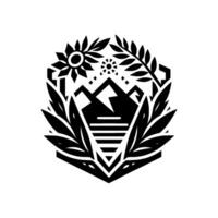 Black and White Illustration of Mountain Range, Sun, Floral Elements, within a Hexagonal Frame. vector
