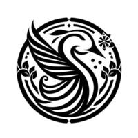 Black and White Emblem A stylized swan in a circle with stylized leaves, waves, and a geometric sunburst. vector