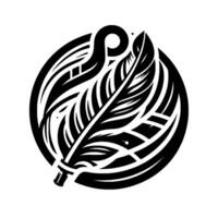 Intricate Black White Feather Inside a Circle, with a stylized shape that seems to be a s . Simple yet Elegant vector