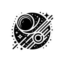 Minimalist Cosmic Composition A celestial body with stylized planets, stars, and orbital elements, depicted in bold black and white. vector