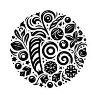 Intricate black and white circular composition of stylized botanicals, swirling patterns, and geometric shapes, forming a decorative element. vector