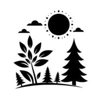 Black and white minimalist nature scene, featuring stylized trees, leafy branches, sun, and clouds on a subtle curved ground. vector