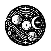 Stylized celestial illustration of the solar system within a black circle, featuring planets, stars, and moons. vector