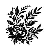 Elegant black and white floral arrangement featuring a central rose, complemented by leaves, clovers, and berries, in a minimalist style. vector