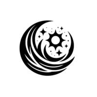 Abstract black and white circular depicting crescent moons and stars surrounding a sunburst, against a white background. vector