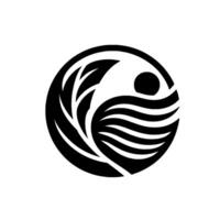 Minimalist Yin Yang Circle Blending Foliage with Water Waves and a Celestial Sun, Symbolic of Balance. vector