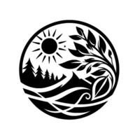 Circular nature with a minimalist , featuring a stylized landscape of mountains, trees, sun, leaves, and flowing lines in bold black and white. vector