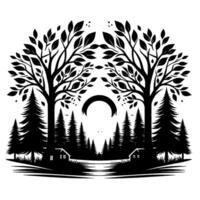 A symmetrical black and white minimalist illustration of a forest scene with two large leafy trees, moon and a serene landscape with cabins. vector