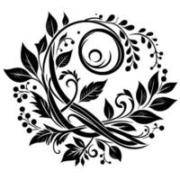 A symmetrical, stylized black and white floral featuring leaves, berries, and a spiral element on a clean white background. vector