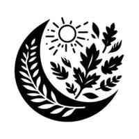 Black White stylized Nature Sun, Moon, and Leafy Elements, creating a circular composition. vector