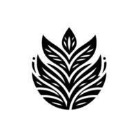 Elegant Botanical Symmetrical Black and White Illustration of Abstract Foliage, Resembling a Simplified Plant or Blossom, with Ornate Leaf Detailing. vector